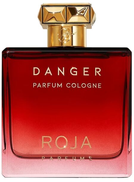 A luxurious red Roja perfume bottle with gold cap labeled 'Danger'.