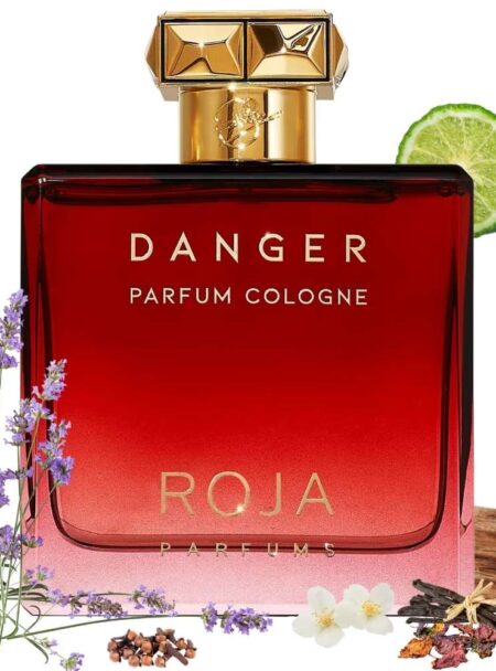 A luxurious Roja Danger perfume bottle with floral accents.