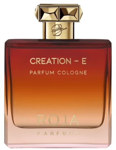 Elegant amber-toned perfume bottle with gold cap labeled Creation-E.