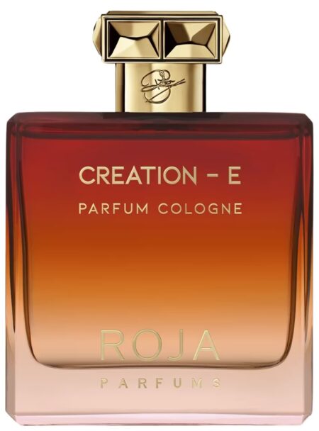 Elegant amber-toned perfume bottle with gold cap labeled Creation-E.