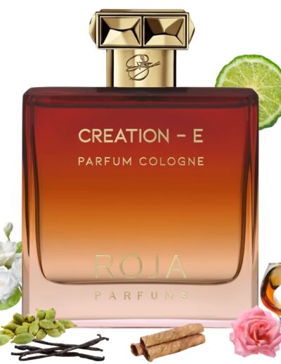 Elegant amber-colored perfume bottle with a gold cap and floral accents.