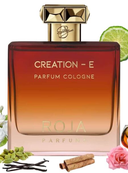 Elegant amber-colored perfume bottle with a gold cap and floral accents.
