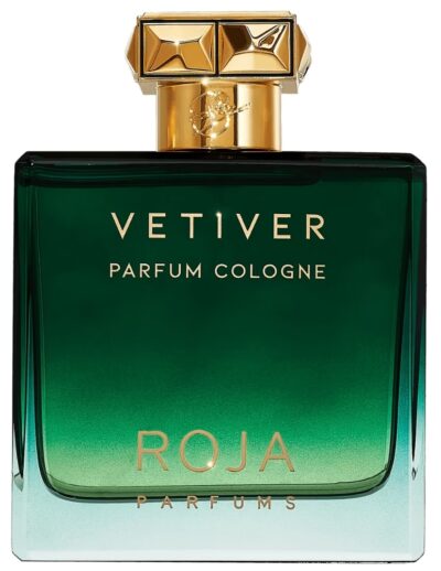 Bottle of Vetiver Parfum Cologne with green gradient and gold cap.