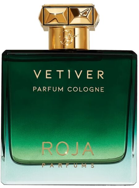 Bottle of Vetiver Parfum Cologne with green gradient and gold cap.