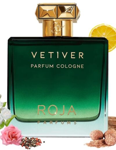 Elegant green Vetiver perfume bottle with gold cap and floral accents.