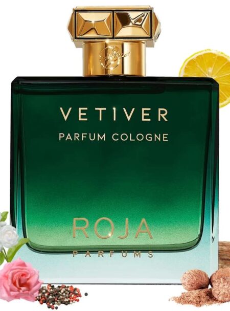 Elegant green Vetiver perfume bottle with gold cap and floral accents.