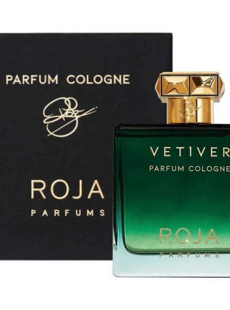 A green bottle of Roja Parfums Vetiver cologne beside its black box.