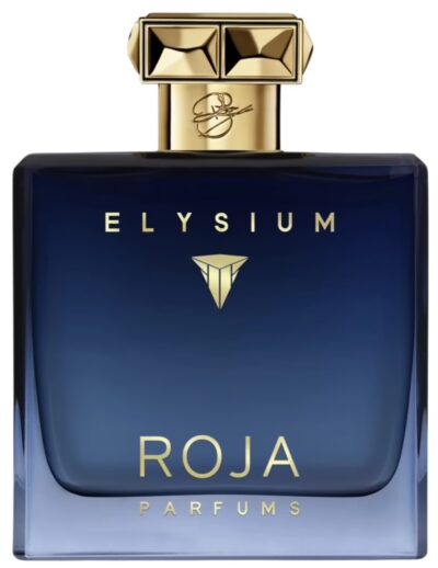 Elegant blue Roja Elysium perfume bottle with gold cap.