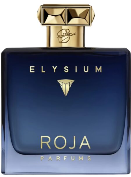 Elegant blue Roja Elysium perfume bottle with gold cap.