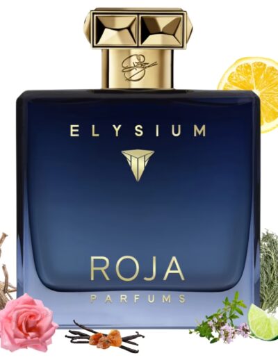 Elegant blue perfume bottle labeled Elysium by Roja with floral and citrus accents.