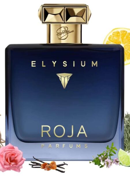 Elegant blue perfume bottle labeled Elysium by Roja with floral and citrus accents.