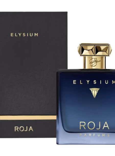 Elegant blue and gold ROJA ELYSIUM perfume bottle with matching box.