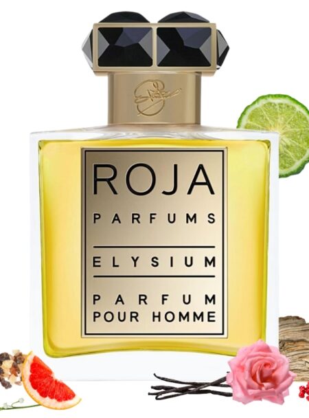 A bottle of Roja Parfums Elixir Pour Homme with citrus and floral accents.