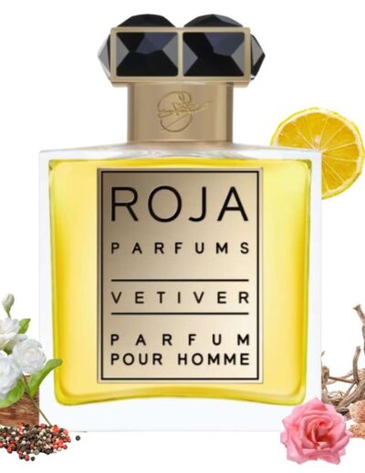 Roja Parfums Vetiver Pour Homme bottle with decorative flowers and spices.