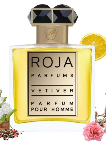 Roja Parfums Vetiver Pour Homme bottle with decorative flowers and spices.