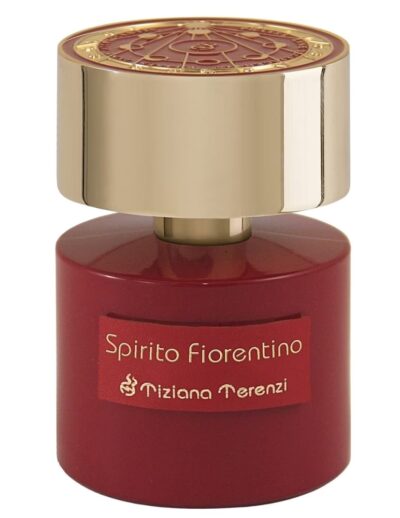 A red and gold bottle of perfume labeled 'Santo Forastero'.