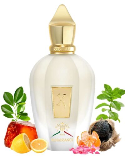 Elegant perfume bottle with floral and honey accents.