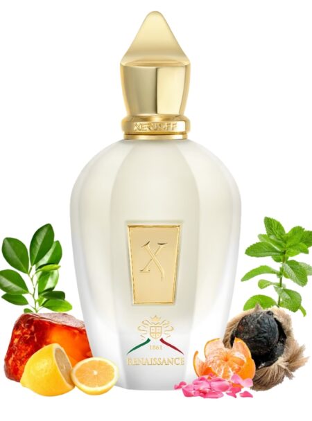 Elegant perfume bottle with floral and honey accents.