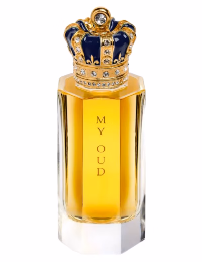 Perfume bottle with ornate crown cap.