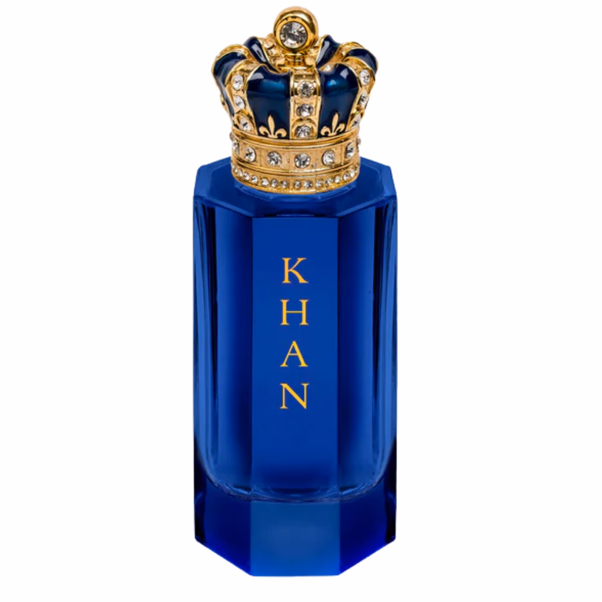 KHAN royal blue perfume bottle with jeweled crown