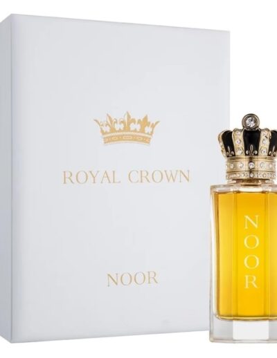 Luxury perfume bottle with golden crown cap beside elegant white box.