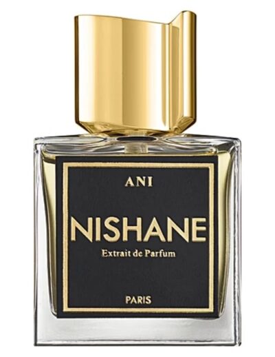 A bottle of Nishane Ani perfume with a gold cap.