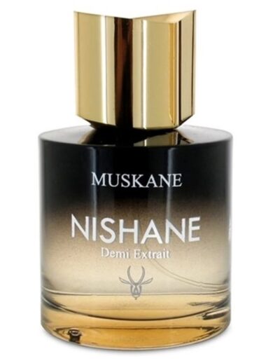Elegant Nishane Muskane perfume bottle with gold and black gradient design.
