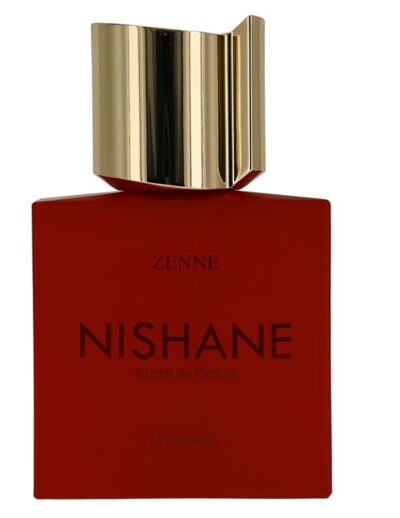 Elegant red Nishane perfume bottle with a gold cap.