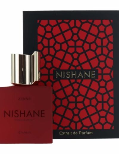 Red Nishane perfume bottle with matching box featuring a mosaic pattern.