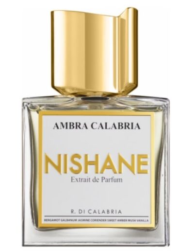 A bottle of Nishane Amber Calabria perfume with a gold cap.