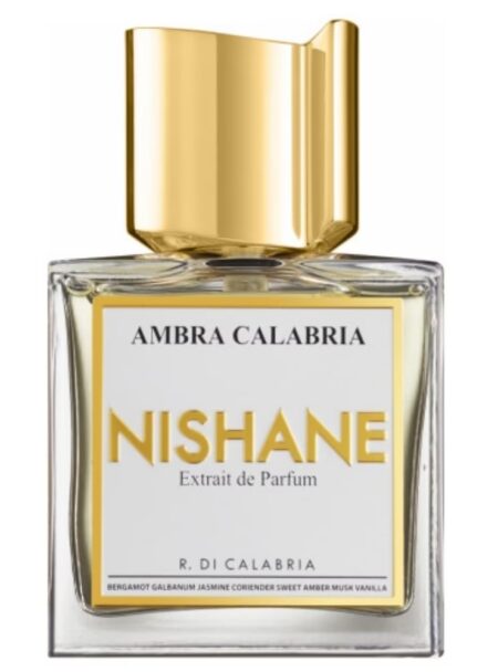A bottle of Nishane Amber Calabria perfume with a gold cap.