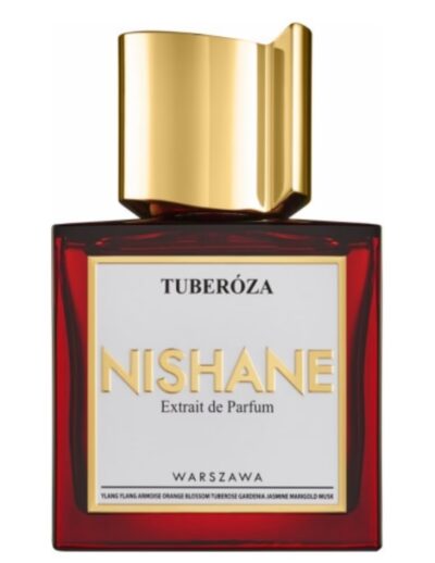 Luxurious Nishane perfume bottle with gold cap and elegant design.