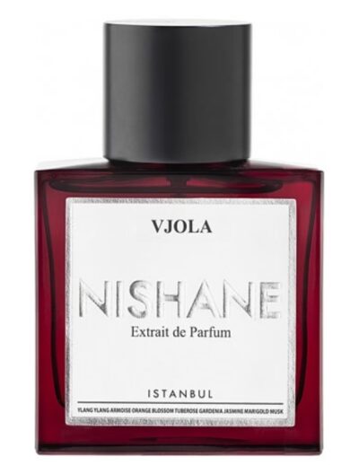 Bottle of Nishane Vjola perfume with dark purple liquid.