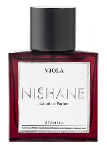 Bottle of Nishane Vjola perfume with dark purple liquid.