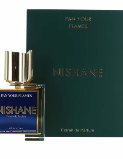 A bottle of Nishane perfume with its green packaging box.