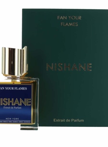 A bottle of Nishane perfume with its green packaging box.