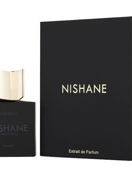 Elegant Nishane perfume bottle with matching black box packaging.