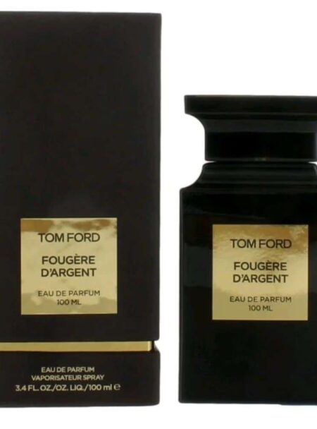 Elegant black perfume bottle with gold label and matching box.