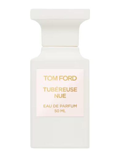 White bottle of Tom Ford perfume with gold label.