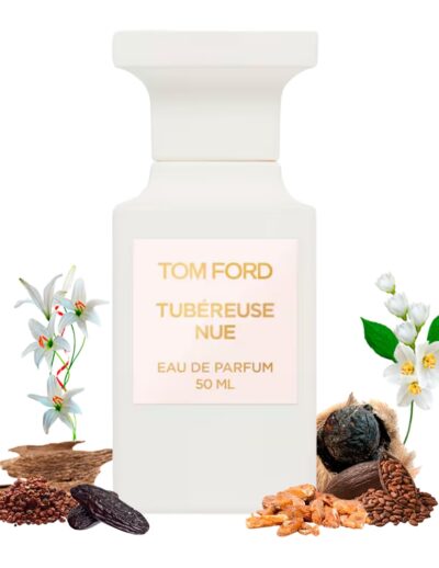 Elegant white perfume bottle with natural ingredients around it.