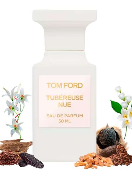 Elegant white perfume bottle with natural ingredients around it.