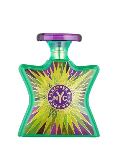 Colorful green and purple Bond No. 9 NYC perfume bottle with star shape.