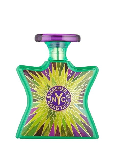 Colorful green and purple Bond No. 9 NYC perfume bottle with star shape.