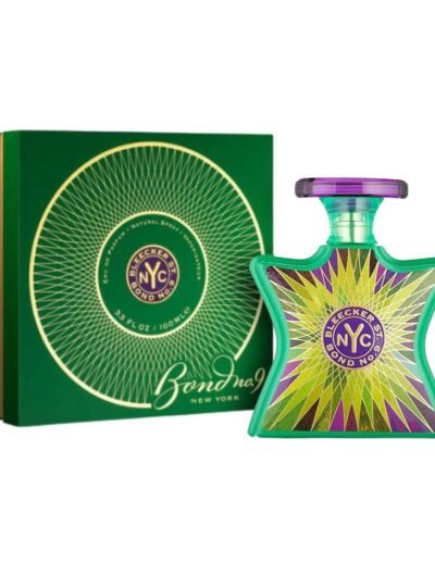 Colorful Bond No. 9 NYC perfume bottle with matching green and purple packaging.