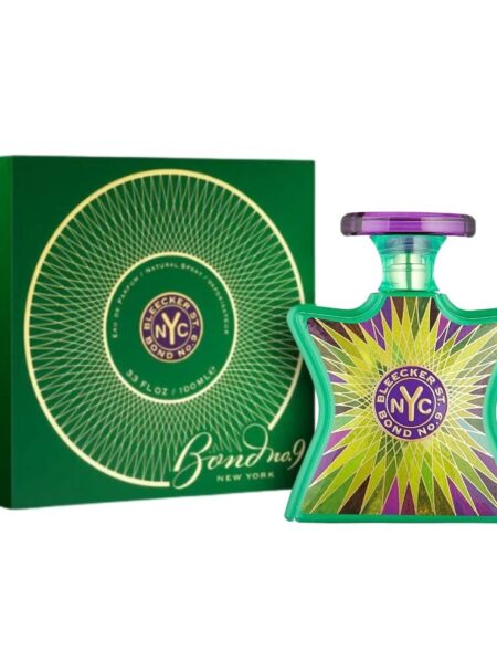 Colorful Bond No. 9 NYC perfume bottle with matching green and purple packaging.