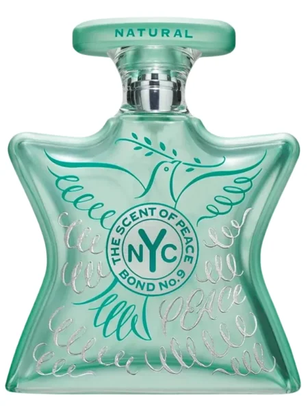 Transparent turquoise star-shaped bottle with NYC emblem and eagle design.
