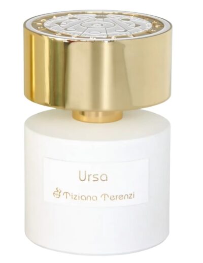 Elegant white and gold perfume bottle with minimalist design.