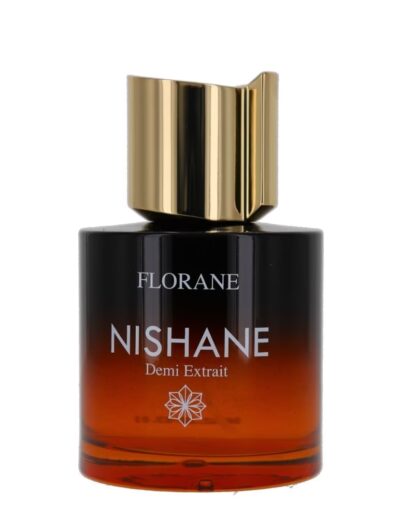 Bottle of Nishane perfume with black and amber gradient and gold cap.