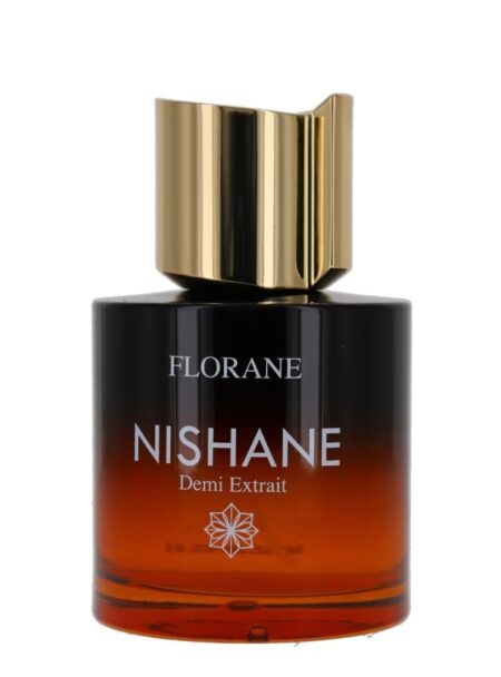 Bottle of Nishane perfume with black and amber gradient and gold cap.