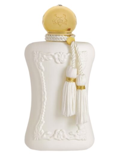Elegant white perfume bottle with gold cap and tassel detail.